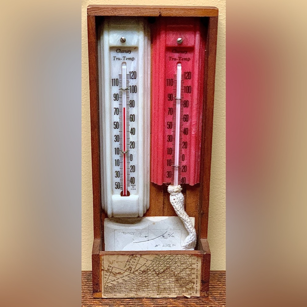 Mid Century Vintage Wood Mounted Thermometer Set